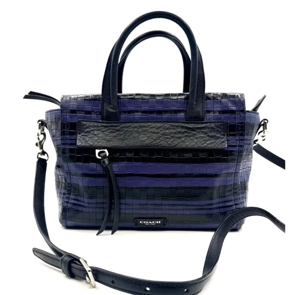 Coach Style 31001 Bleeker Blue Black Woven Leather Satchel Crossbody‎ Small Bag